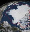 Arctic sea ice hit its annual minimum on Sept. 17, 2014. The red line in this image shows the 1981-2010 average minimum extent. Data provided by the Japan Aerospace Exploration Agency GCOM-W1 satellite.