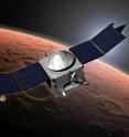 This is an artist's conception of NASA's MAVEN spacecraft at Mars.