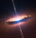 This is an artist's rendering showing the birth of a star: A dust and gas cloud is forming a spiraling disk around a massive baby star while jets of material shoot from its core.