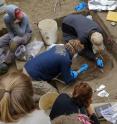 Members of the archaeology field team watch as University of Alaska Fairbanks professors Ben Potter and Josh Reuther excavate the burial pit at the Upward Sun River site.