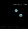 These are optical images of Uranus on Sept. 19 and Oct. 2, showing the dramatic appearance of a bright storm on a planet that normally displays only a diffuse bright polar region.