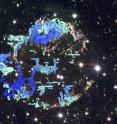 This composite image shows two perspectives of a three-dimensional reconstruction of the Cassiopeia A supernova remnant. This new 3-D map provides the first detailed look at the distribution of stellar debris following a supernova explosion. Such 3-D reconstructions encode important information for astronomers about how massive stars actually explode. The blue-to-red colors correspond to the varying speed of the emitting gas along our line of sight. The background is a Hubble Space Telescope composite image of the supernova remnant.