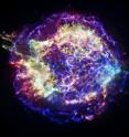 A photograph of Cas A from NASA's Chandra X-ray Observatory reveals the supernova remnant's complex structure. In this representative-color image low-energy X-rays are red, medium-energy ones are green, and the highest-energy X-rays detected by Chandra are colored blue.