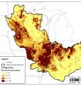 This map shows how poorly drained the land in the study's observed watersheds area. The darker colors indicate that there are more poorly drained fields in a region, meaning that water leaving farm fields passes easily into the local watershed without being filtered, taking more nutrients with it.