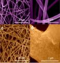 These are scanning electron microscope images of (a) SiO2 nanofibers after drying, (b) SiO2 nanofibers under high magnification (c) silicon nanofibers after etching, and (d) silicon nanofibers under high magnification.