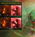 Infrared images from instruments at Kitt Peak National Observatory (KPNO, left) and NASA's Spitzer Space Telescope document the outburst of HOPS 383, a young protostar in the Orion star-formation complex. Background: A wide view of the region taken from a Spitzer four-color infrared mosaic.
