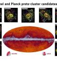 The Planck all-sky map at submillimeter wavelengths (545 GHz). The band running through the middle corresponds to dust in our Milky Way galaxy. The black dots indicate the location of the proto-cluster candidates identified by Planck and subsequently observed by Herschel. The inset images showcase some of the observations made by Herschel's SPIRE instrument; the contours represent the density of galaxies.
