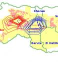 This map shows the political results of the 2013 Venezuelan local elections (Libertador, in red, for officialism; Chacao, Sucre, Baruta and El Hatillo in blue for the opposition). White represents unpopulated areas, yellow urbanized areas and pink the poorer neighborhoods.

The contour lines shown represent the density functions of the probability that a tweet associated with the officialism or the opposition had been posted by a geolocated user at a given position.