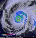 TRMM captured this image at 14:15 UTC on March 31, 2015 that shows the rain intensities within the very heart of Super Typhoon Maysak as it undergoes an eye wall replacement cycle.
TRMM captured this image at 14:15 UTC on March 31, 2015, that shows the rain intensities within the very heart of Super Typhoon Maysak as it undergoes an eye wall replacement cycle.