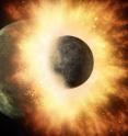 This artist's rendering shows the collision of two planetary bodies. A collision like this is believed to have formed the moon within the first 150 million years after our solar system formed.