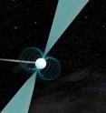 This is an artist's impression of pulsar PSR J1930-1852 shown in orbit around a companion neutron star. Discovered by a team of high school students, this pulsar has the widest orbit ever observed around another neutron star.