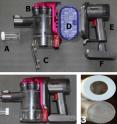 The modified Dyson DC34 vacuum cleaner for bed bug collection: (1) A detailed view of the parts; (A) BioQuip sampling vial; (B) plastic jar; (C) trapdoor; (D) filter; (E) digital motor; (F) battery; (2) A view of the vacuum ready to be used for bed bug collection. A BioQuip sampling vial is set, and a home-made plastic vial is presented below. (3) A detailed view of the BioQuip sampling vial apertures with front and back views.