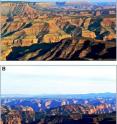 This is Figure 2 from Darling and Whipple: Photographs taken from Twin Point overlook by Rich Rudow. (A) View to the southeast, showing the Shivwitz Plateau escarpment above the Sanup Plateau. (B) View to the south, showing the Sanup Plateau in the foreground and the Hualapai Plateau in the background. Surprise and Spencer canyons are prominent recesses in the plateau.