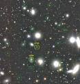 This is a color image made with B, R, and i-band images from the Subaru Telescope. A small region of 6 x 6 arcmin is cut out from large Coma Cluster images. Yellow circles show two of the 47 dark galaxies discovered last year, and green circles are the ones discovered in this new study.