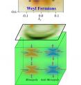 A detector image (top) signals the existence of Weyl fermions. The plus and minus signs note whether the particle's spin is in the same direction as its motion -- which is known as being right-handed -- or in the opposite direction in which it moves, or left-handed. This dual ability allows Weyl fermions to have high mobility. A schematic (bottom) shows how Weyl fermions also can behave like monopole and antimonopole particles when inside a crystal, meaning that they have opposite magnetic-like charges can nonetheless move independently of one another, which also allows for a high degree of mobility.