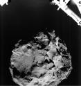 The image shows comet 67P/Churyumov-Gerasimenko acquired by the ROLIS instrument on
the Philae lander during descent on 2014 Nov 12, 14:41:20 UTC from a distance of
approximately 3 km from the surface and a resolution of about 3m per pixel.