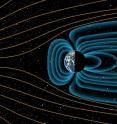 This is an artist's depiction of Earth's magnetic field deflecting high-energy protons from the sun four billion years ago. Note: The relative sizes of the Earth and Sun, as well as the distances between the two bodies, are not drawn to scale.