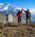 John Galetzka, then of Caltech, and Sudhir Rajaure, of the Department of Mines and Geology in Kathmandu, install a high-rate GPS station in the Himalaya. This was one of the stations that an international team of researchers led by Caltech used to study the April 2015 Gorkha earthquake in Nepal and the pattern of shaking it caused in Kathmandu.