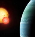 This is an artist's impression of the Kepler-453 system showing the newly discovered planet on the right and the eclipsing binary stars on the left.