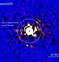 This is the discovery image of 51 Eri b with the Gemini Planet Imager taken in the near-infrared light on December 18, 2014. The bright central star has been mostly removed by a hardware and software mask to enable the detection of the exoplanet one million times fainter.