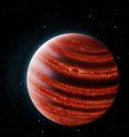 This is an artistic conception of the Jupiter-like exoplanet, 51 Eri b, seen in the near-infrared light that shows the hot layers deep in its atmosphere glowing through clouds. Because of its young age, this young cousin of our own Jupiter is still hot and carries information on the way it was formed 20 million years ag