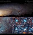 This is a Hubble mosaic of 414 photographs of the M31, or the Andromeda galaxy. On the bottom left is an enlargement of the boxed field (top) reveals myriad stars and numerous open star clusters as bright blue knots,spanning 4,400 light-years across. On the bottom right are six bright blue clusters extracted from the field. Each cluster square is 150 light-years across.