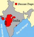 This is a map showing the extent of the Deccan Traps volcanic region in India, which dates from 64-67 million years ago. The rectangle shows the region near Mumbai from which the Berkeley team obtained lava samples used in the new precision dating of the eruptions around the time of the asteroid or comet impact 66 million years ago.