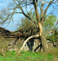 This photograph shows an abandoned house near the Chernobyl Nuclear Power Plant disaster area.