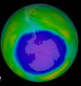 This false-color image shows ozone concentrations above Antarctica on Oct. 2, 2015.