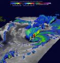 On Nov. 11, GPM found that intense storms within feeder bands there were dropping rain at a rate of over 80 mm (3.1 inches) per hour. A 3-D cross section by GPM's Radar (DPR Ku Band) through Kate's weak eye shows intense storms swirling around the northern side of the tropical cyclone.