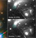 This image composite shows the search for the supernova, nicknamed Refsdal, using the NASA/ESA Hubble Space Telescope.

<p>The image to the left shows a part of the the deep field observation of the galaxy cluster MACS J1149.5+2223 from the Frontier Fields program. The circle indicates the predicted position of the newest appearance of the supernova. To the lower right the Einstein cross event from late 2014 is visible.

<p>The image on the top right shows observations by Hubble from October 2015, taken at the beginning of observation program to detect the newest appearance of the supernova.

<p>The image on the lower right shows the discovery of the Refsdal Supernova on Dec. 11, 2015, as predicted by several different models.