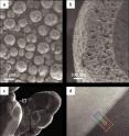 This is a scanning and transmission electron micrographs of the cathode material at different magnifications. These images show that the 10-micron spheres (a) can be hollow and are composed of many smaller nanoscale particles (b). Chemical "fingerprinting" studies found that reactive nickel is preferentially located within the spheres' walls, with a protective manganese-rich layer on the outside. Studying ground up samples with intact interfaces between the nanoscale particles (c) revealed a slight offset of atoms at these interfaces that effectively creates "highways" for lithium ions to move in and out to reach the reactive nickel (d).