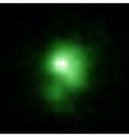 This is a Hubble Space Telescope image of the compact green pea galaxy J0925+1403. The diameter of the galaxy is approximately 6,000 light years, and it is about twenty times smaller than the Milky Way.