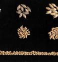 From left to right, einkorn, emmer, and spelt are shown. The top row shows the sticky hulls intact with the kernels. The middle row shows kernels with hulls removed The bottom row shows normal bread wheat kernels for comparison.