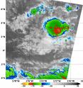 This false-colored infrared image of Tropical Depression Pali on Jan. 14 at 1335 UTC (8:35 a.m. EST) shows a strong small area of thunderstorms with cloud top temperatures near -80F (yellow) northeast of the center.