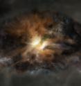 Artist impression of W2246-0526, a galaxy glowing in infrared light as intensely as 350 trillion suns. It is so violently turbulent that it may eventually jettison its entire supply of star-forming gas, according to new observations with ALMA.