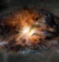 Artist impression of W2246-0526, a single galaxy glowing in infrared light as intensely as 350 trillion suns. It is so violently turbulent that it may eventually jettison its entire supply of star-forming gas, according to new observations with ALMA.