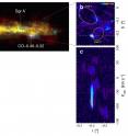 (Left) The center of the Milky Way can be seen in the 115 and 346 GHz emission lines of carbon monoxide (CO). The white regions show the condensation of dense, warm gas. (Upper Right) Close-up intensity map around CO-0.40-0.22 seen in the 355 GHz emission line of HCN molecules. The ellipses indicate shell structures in the gas near C0-0.40-0.22. (Lower Right) Velocity dispersion diagram taken along the dotted line shown above. The wide velocity dispersion of 100 km/s in CO-0.40-0.22 stands out.