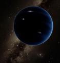 This artist's rendering shows the distant view from Planet Nine back towards the sun. The planet is thought to be gaseous, similar to Uranus and Neptune. Hypothetical lightning lights up the night side.
