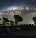 CSIRO's Compact Array in Australia is shown under the night lights of the Milky Way.