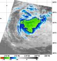 This infrared image from the MODIS instrument aboard NASA's Aqua satellite shows coldest clouds tops (-63F/-53C) and strongest storms southeast of the center of Tropical Cyclone Victor on Jan. 21 at 1210 UTC.