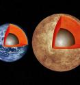 This artist's illustration compares the interior structures of Earth (left) with the exoplanet Kepler-93b (right), which is one and a half times the size of Earth and 4 times as massive. New research finds that rocky worlds share similar structures, with a core containing about a third of the planet's mass, surrounded by a mantle and topped by a thin crust.