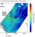 RapidScat saw strongest sustained winds (yellow) in Tropical Cyclone Tatiana on Feb. 10 were on the western and southern sides of the storm, at 18 meters per second (40 mph/64 kph).