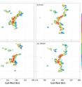 Simulated radar images from two thunderstorms. The top panels included initial errors at the 8-km horizontal scale, but give similar results to the bottom panels, which had more minor errors, only a quarter the size, at the larger 128-km scale.