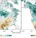 What might precipitation over the US look like in 2094? Two Argonne researchers ran the highest-resolution climate forecast ever done for North America -- dividing the continent into squares 12 km at a side. These two sample maps show different scenarios to project how much more (green) or less (brown) it would rain in a ten-year period at the end of the century versus how much it rained in 1995-2004. (Crosshatching indicates statistically significant changes.)