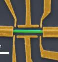 A nanowire device similar to those used in the study is pictured. The semiconducting nanowire (green), one-thousandth the width of a human hair, is coated with a superconductor (light blue) and electrically contacted with gold leads and electrostatic gates (yellow).