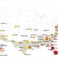 Many US cities face potential risk in summer of low, moderate, or high populations of the mosquito species that transmits Zika virus (colored circles). The mosquito has been observed in parts of the United States (shaded portion of map) and can establish populations in additional cities because of favorable summertime meteorological conditions. In addiiton, Zika risk may be elevated in cities with more air travelers arriving from Latin America and the Caribbean (larger circles). This image is freely available for media & nonprofit use.