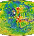 This is a Martian gravity map showing the Tharsis volcanoes and surrounding flexure. The white areas in the center are higher-gravity regions produced by the massive Tharsis volcanoes, and the surrounding blue areas are lower-gravity regions that may be cracks in the crust (lithosphere).