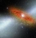 In an artist's conception, heated galactic wind shown in the hazy portion of the picture emanates from the bright quasar at the edge of a black hole, scattering dust and gas. If allowed to cool and condense, that dust and gas would instead begin to form stars.