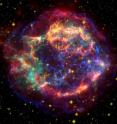 False color image of Cassiopeia A using Hubble and Spitzer telescopes and Chandra X-ray Observatory.